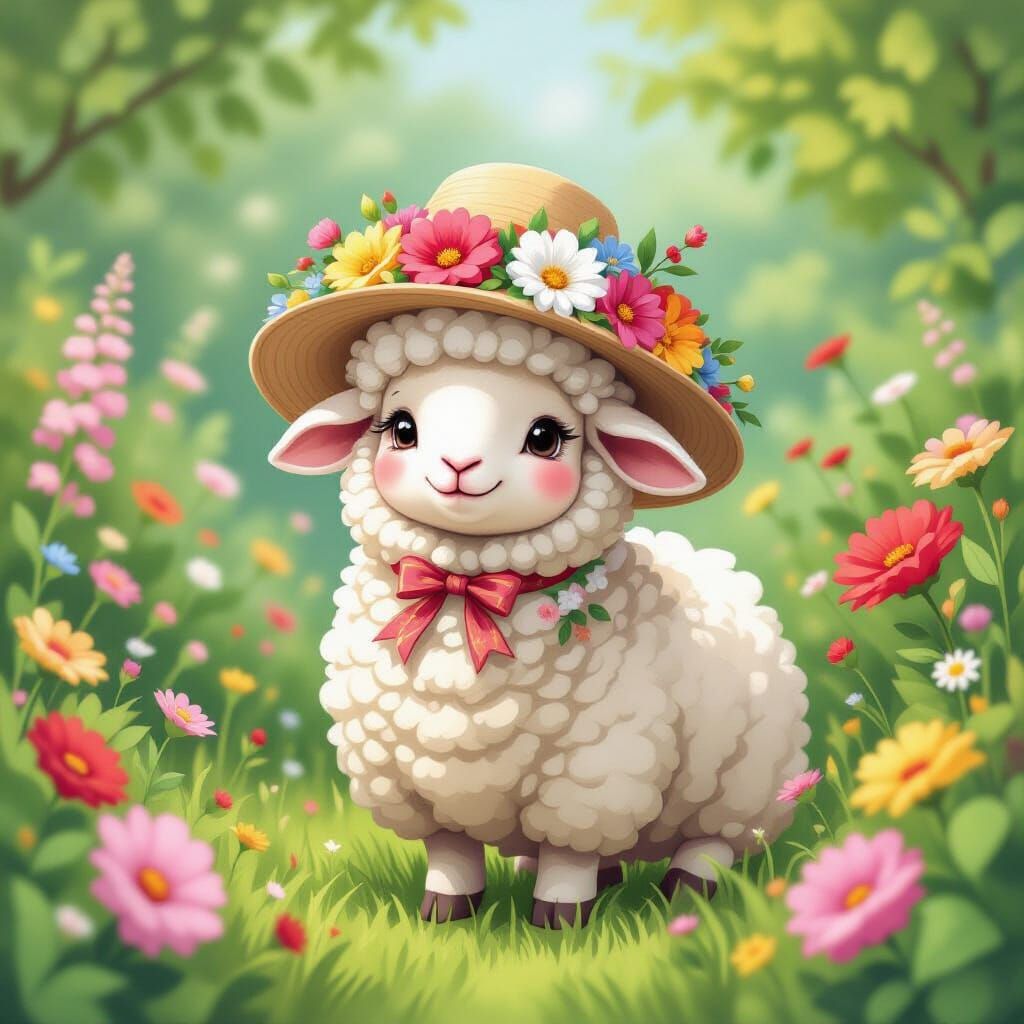 Floral Turkey-Sheep Chimera in Pastel Garden