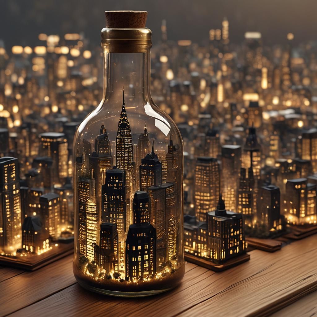 Miniature Cityscape in a Bottle: Realistic Digital Art