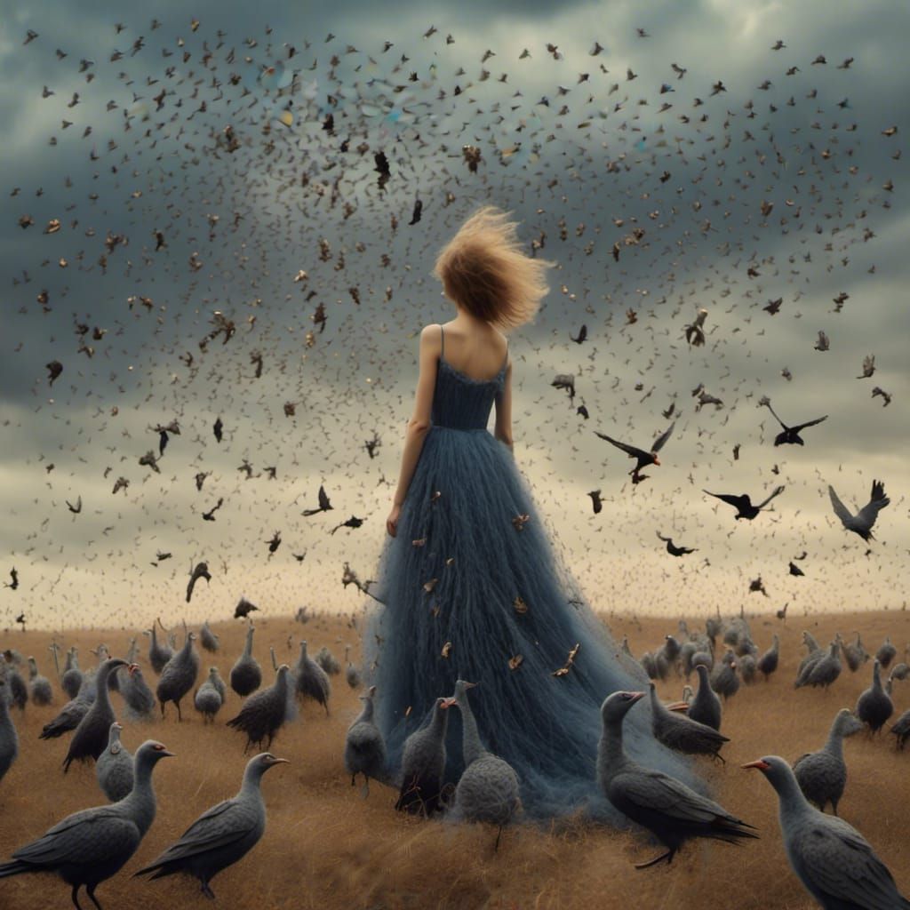 Hypermaximalist Murmuration of Birds Over Barren Landscape