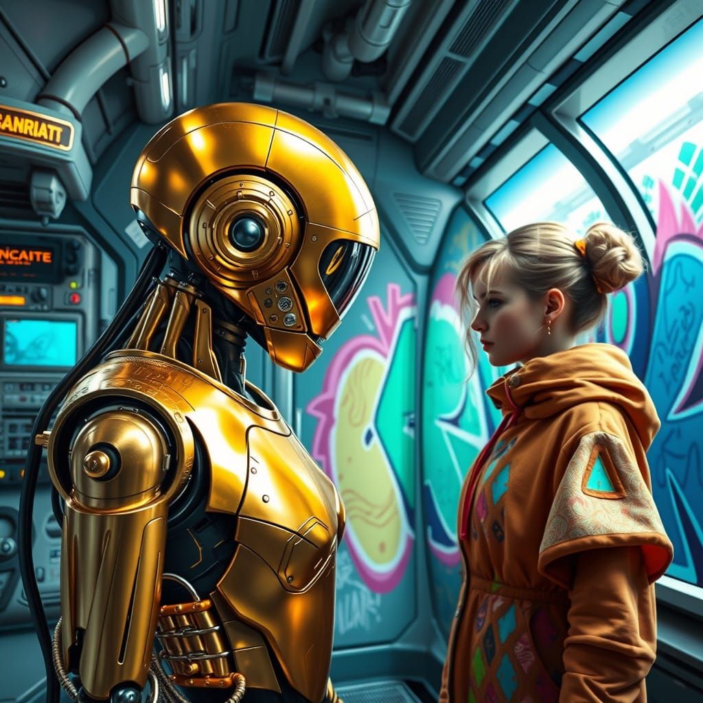 Golden Humanoid Robot and Young Graffiti Artist Create Vibra...