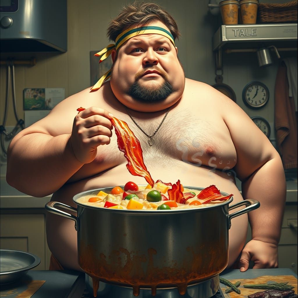 Retro Kitchen Portrait: Man, Stew, Bacon, 60s Style