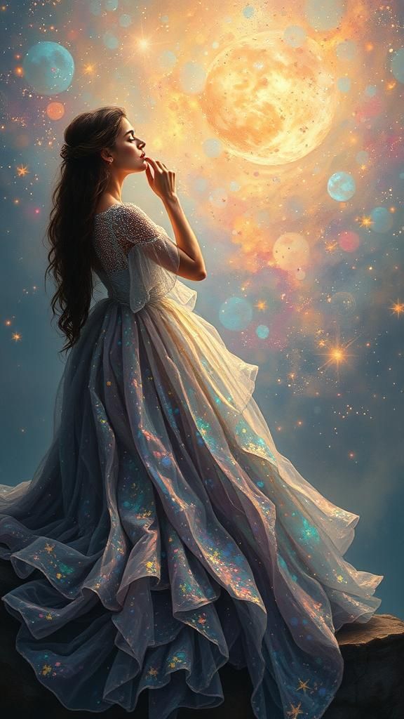 Woman in Cosmic Gown Stargazing: Fantasy Art