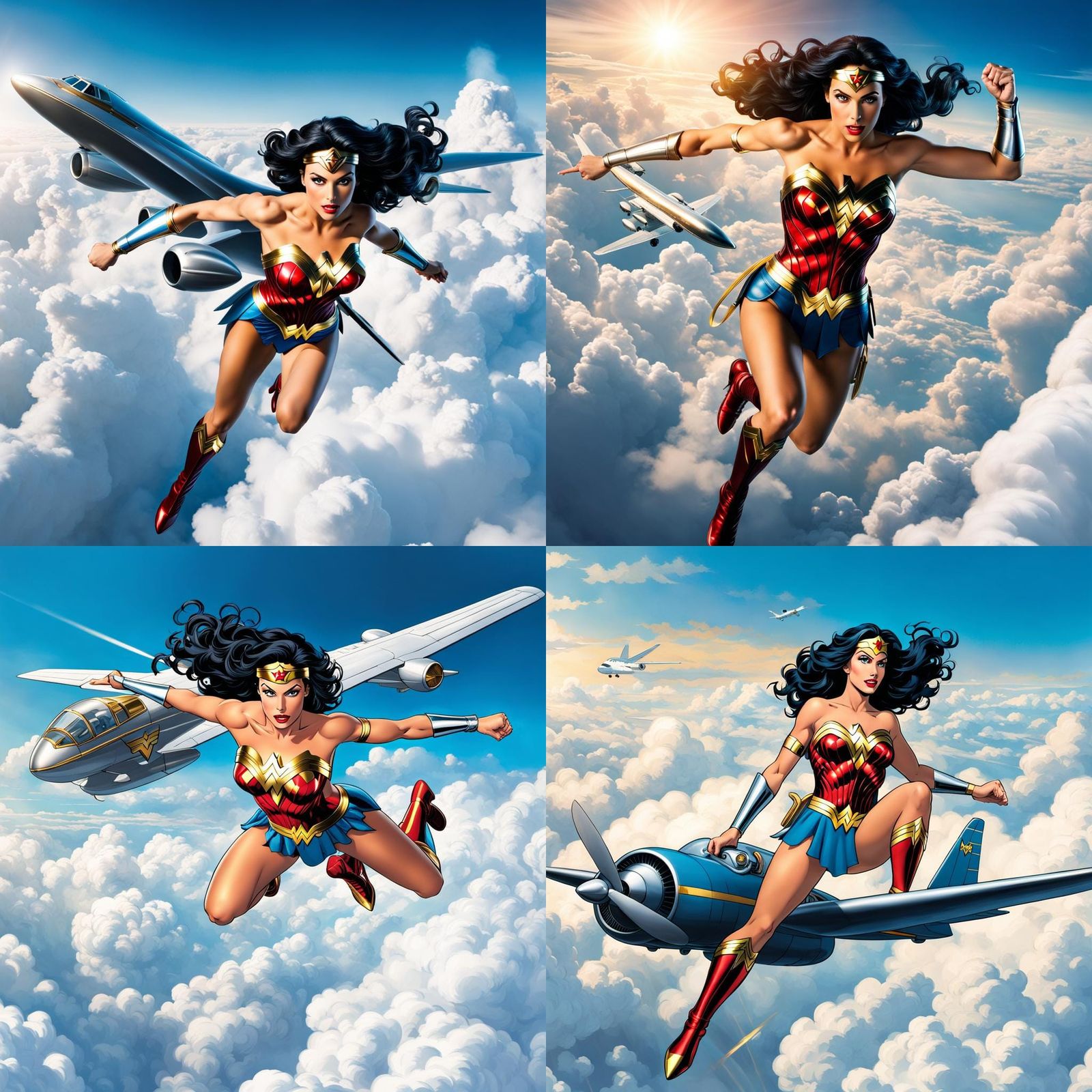 DC character Wonder Woman flying over the clouds looking for crimes in her glass airplane.