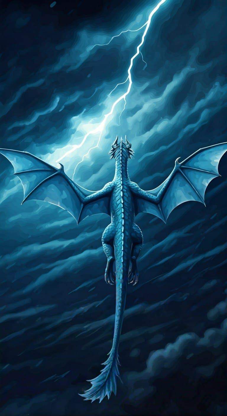 A magnificent dragon. Back view. Flying in the sky. Wings outstretched cinematic. Distant. Far away. Blue dragon. Elegan...