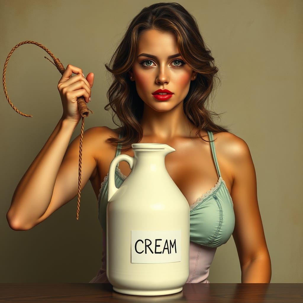 Sultry Woman with Cream Jug in Hyperrealistic Style