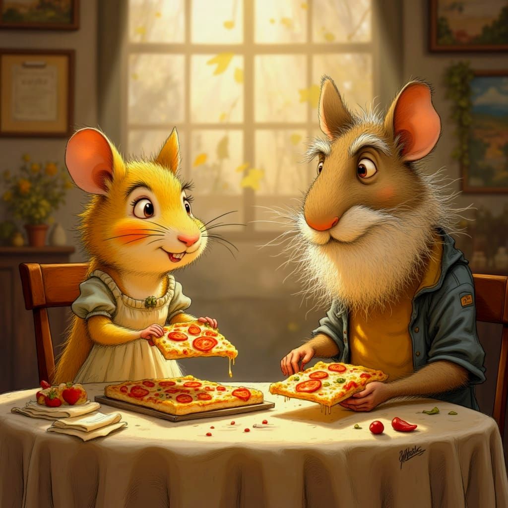 Whimsical Hamster and Aardvark Share Pizza