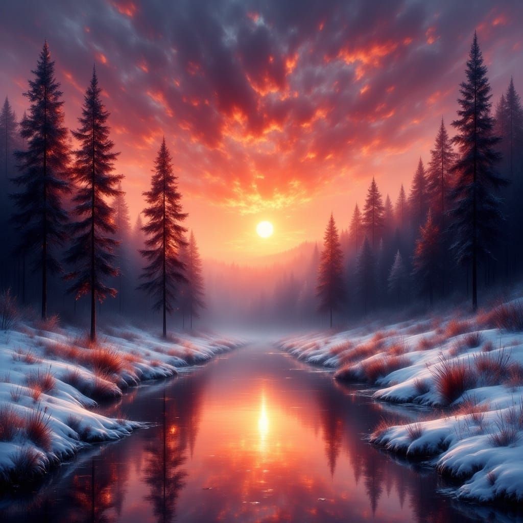 Serene Winter Sunset Landscape Digital Painting