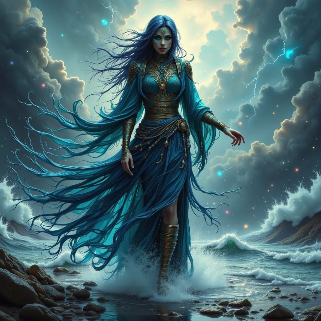 Cyberpunk Storm Goddess: Monsoon Elemental in Dark Futurism