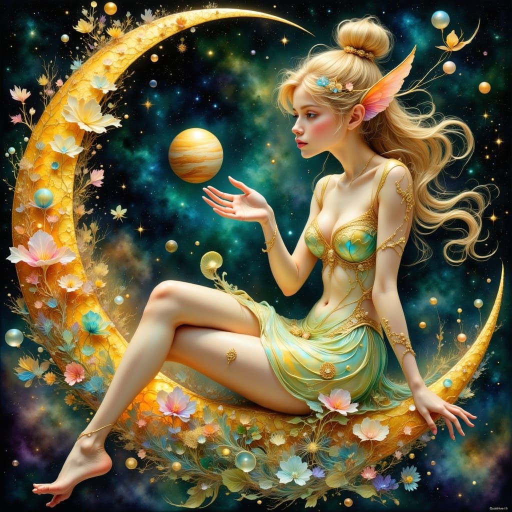 Elf on Moon Gazing at Saturn in Surreal Style