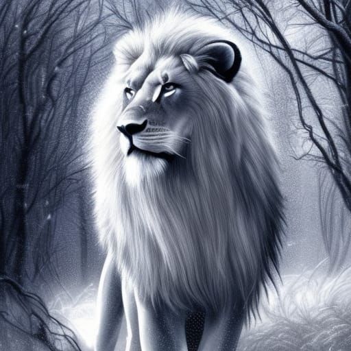 Gothic White Lion in Dark Fantasy Forest
