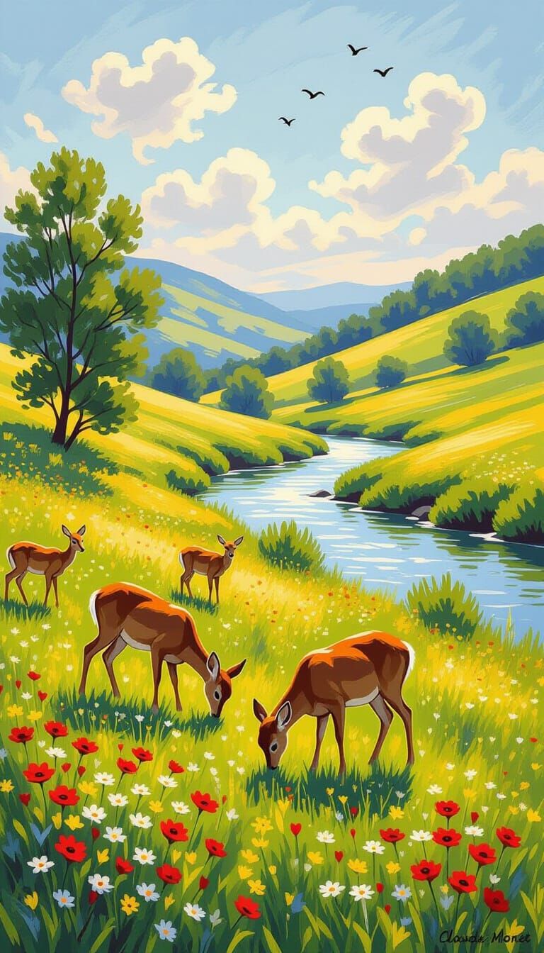 Deer Family in Meadow, Impressionistic Style