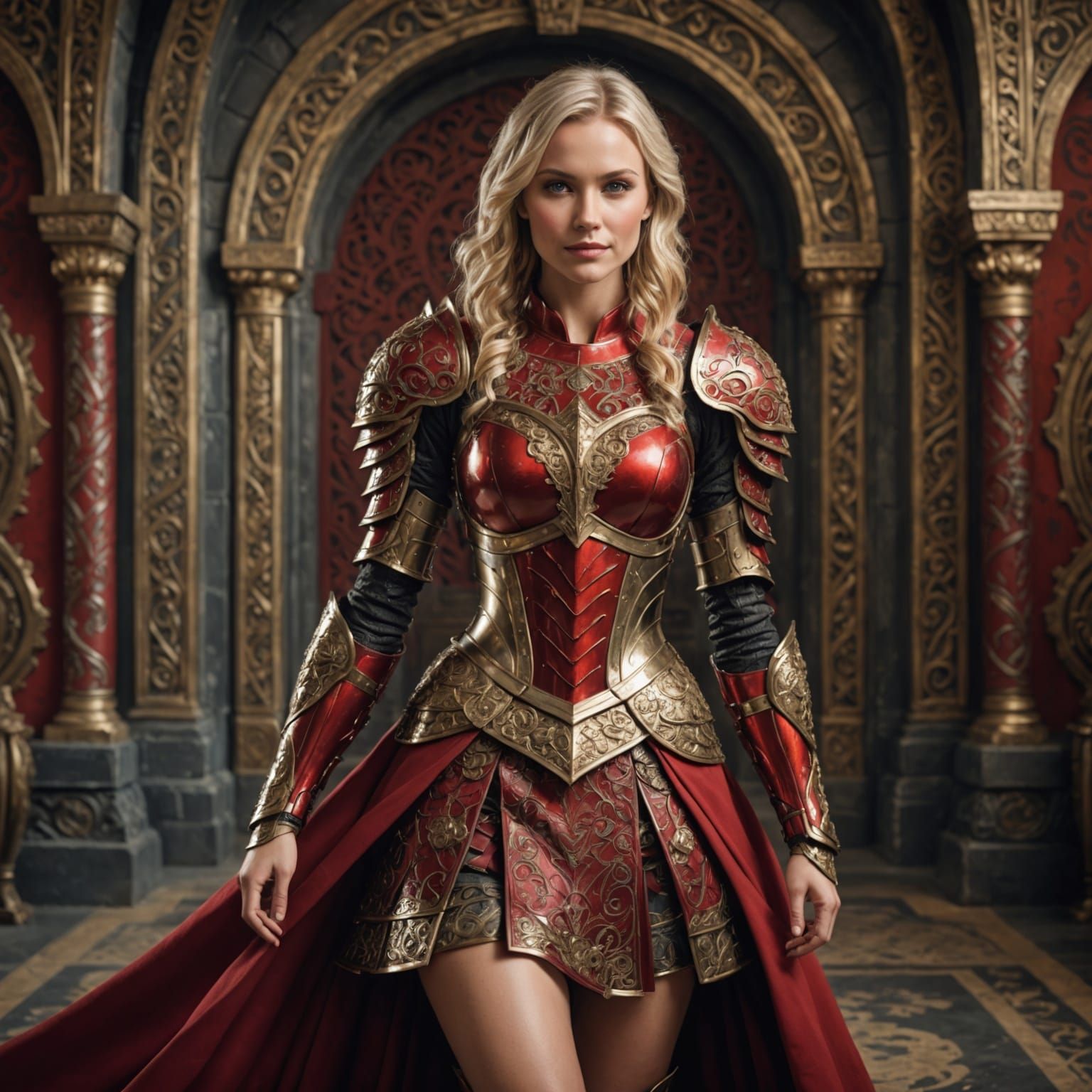 Hyperrealistic Warrior Woman in Red Metallic Armor