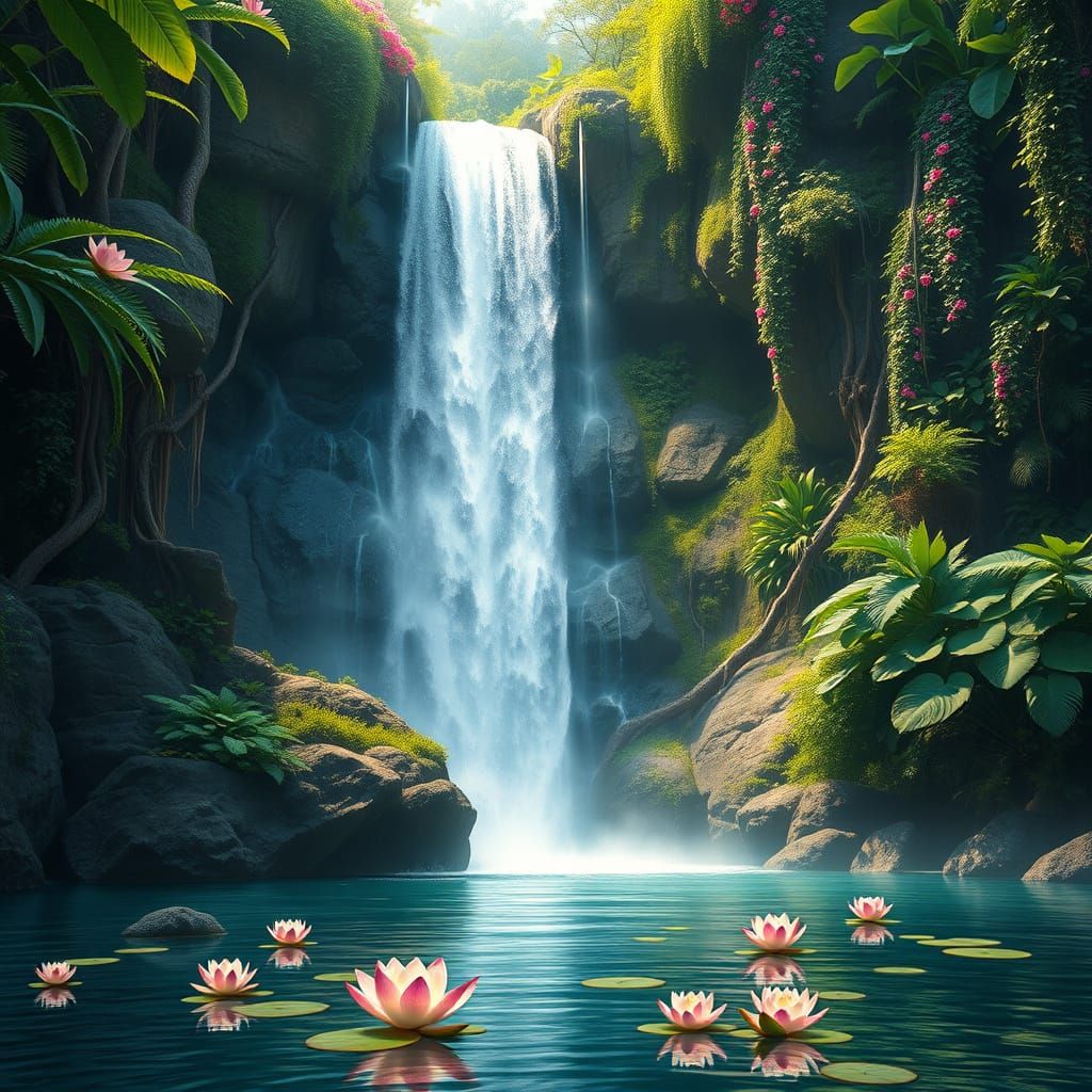 Tropical Waterfall Oasis in Vibrant Colors