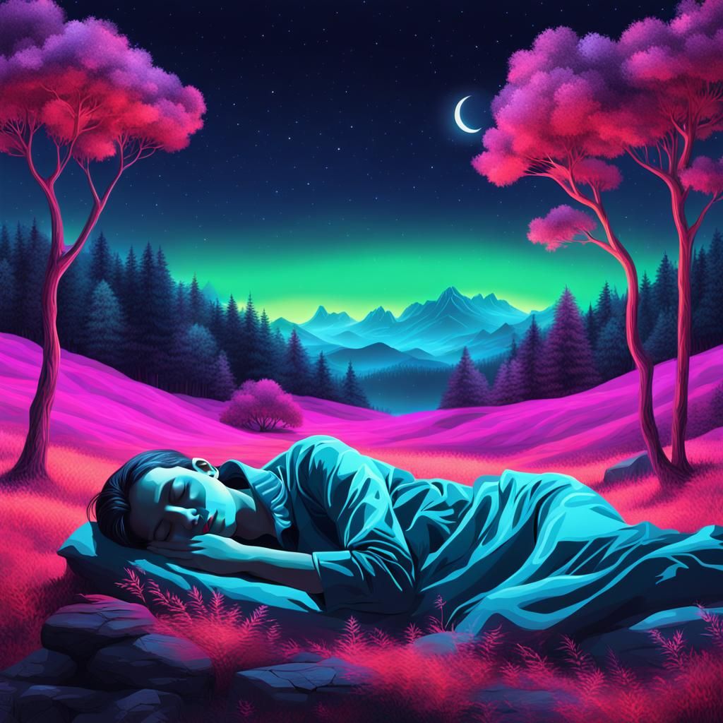Surreal Neon Dreamscape: Sleeping Figure in Digital Art