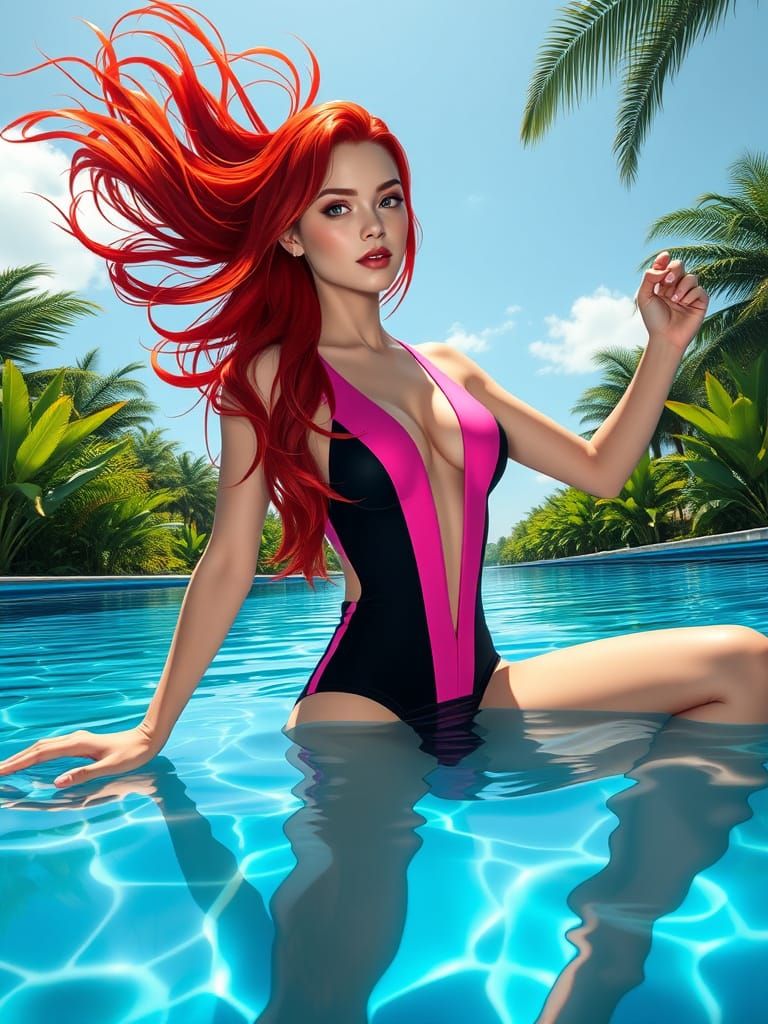 Red-Haired Woman in Pool: Photorealistic Style