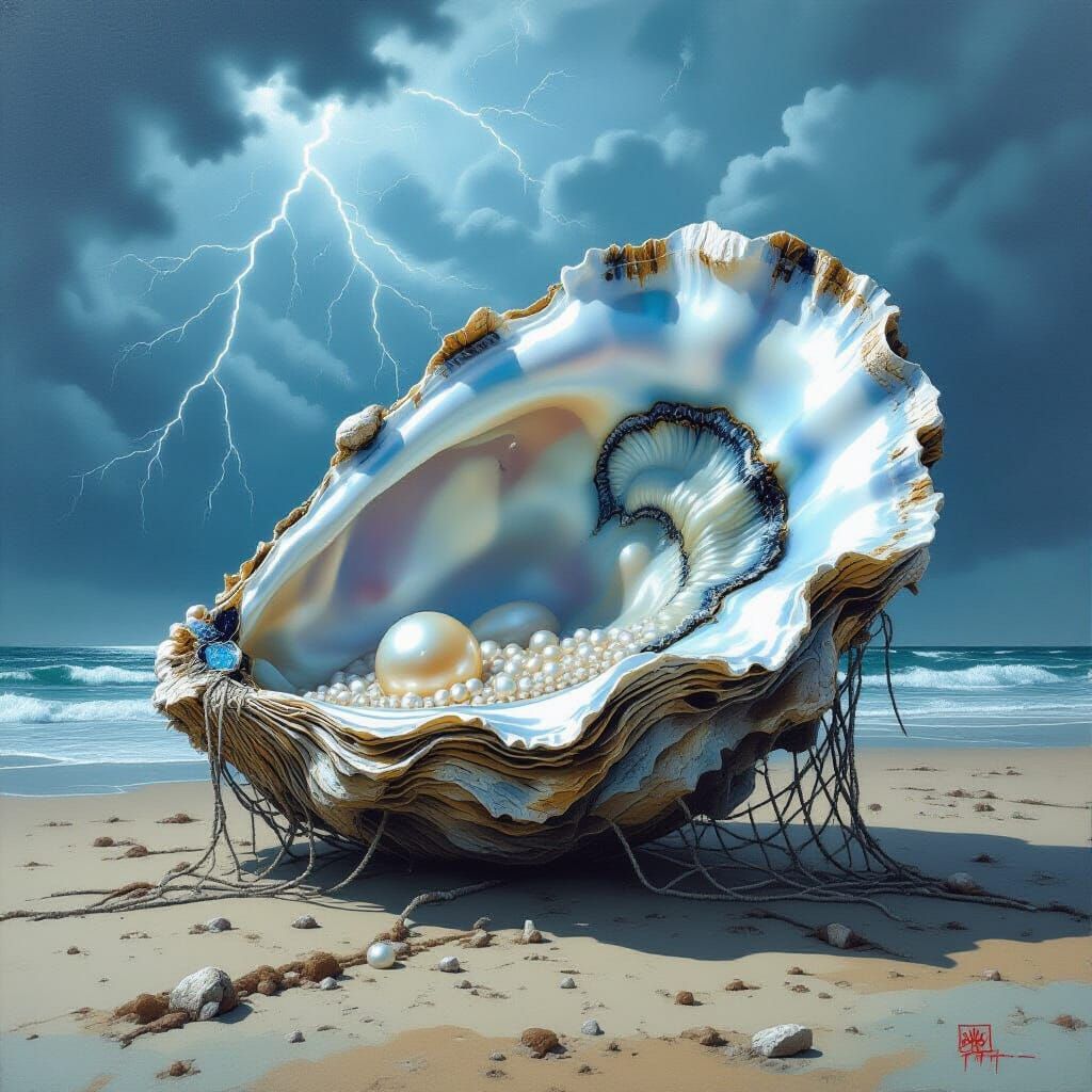 Colossal Oyster Shell on Stormy Beach as Graffiti