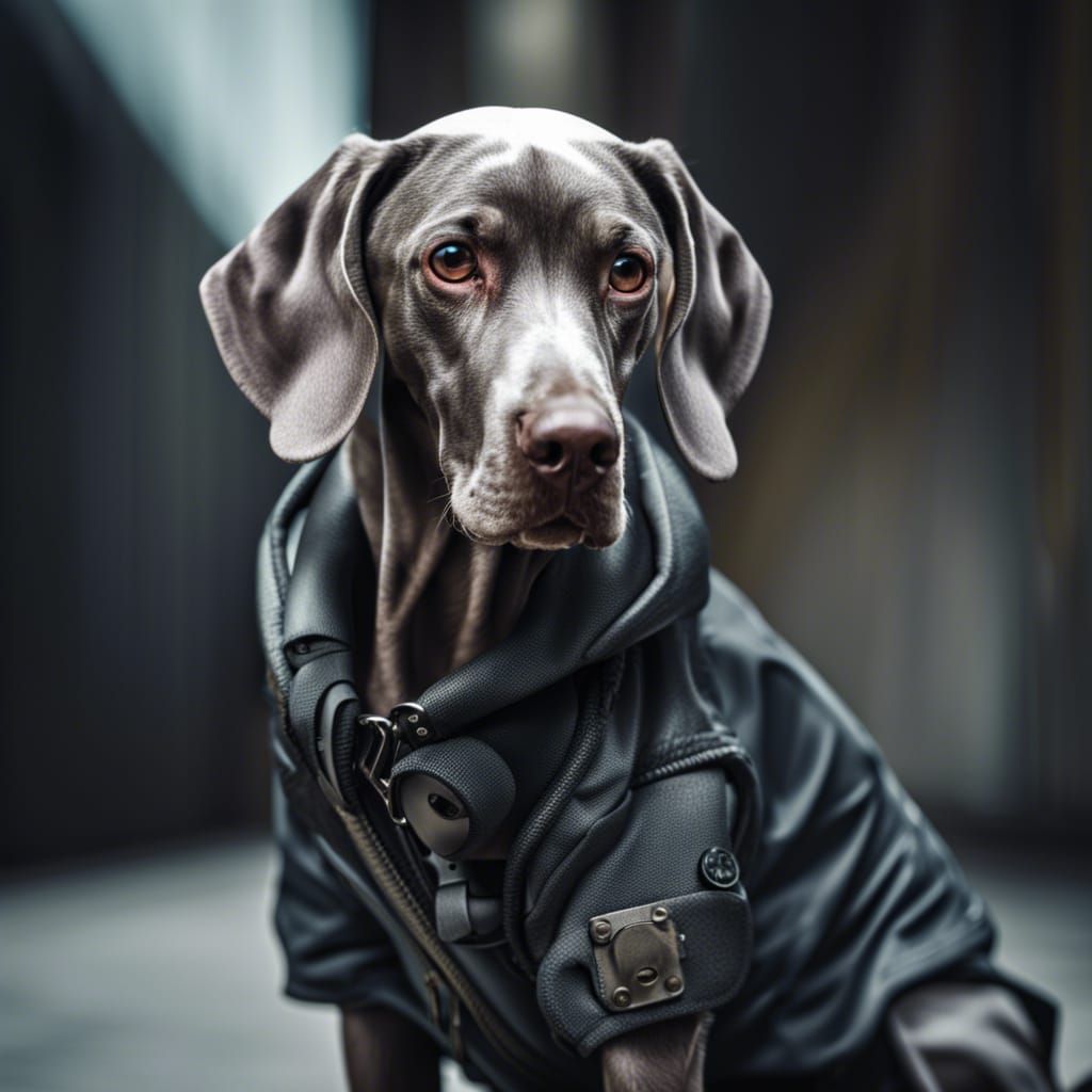 Weimaraner wearing techwear and streetwear clothes intricate details, HDR, beautifully shot, hyperrealistic, sharp focus...