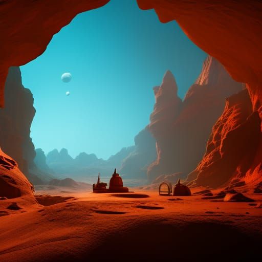 2 rabbits sitting in a cave on Mars