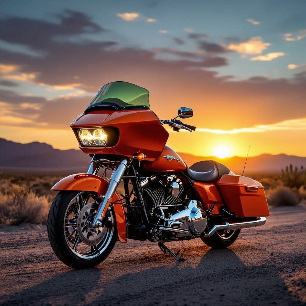 Orange Harley Road Glide in Desert Highway Sunset