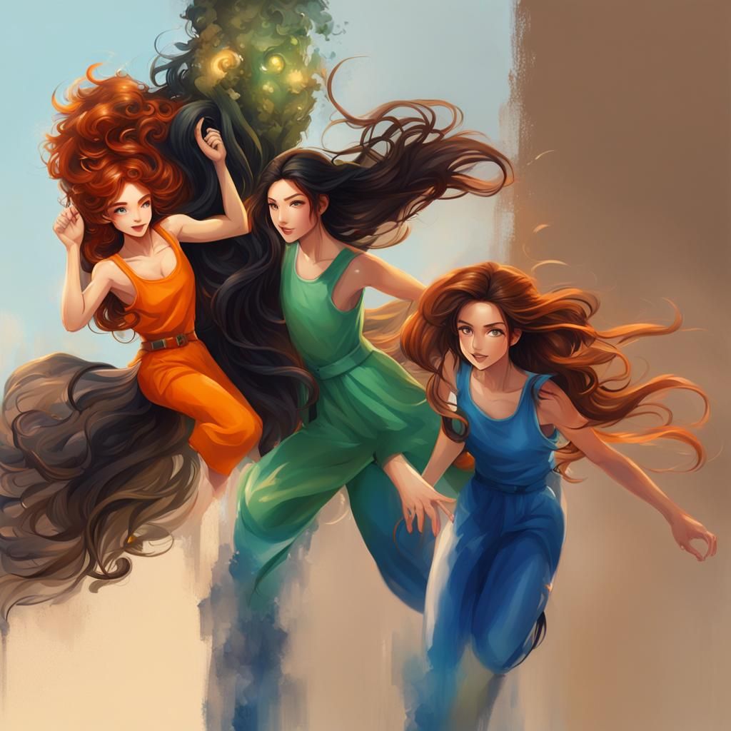 Three Women in Jumpsuits: Hyperrealistic Splash Art