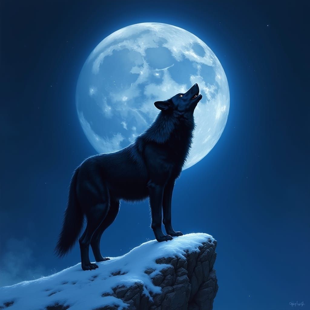 Black Wolf Howling at Full Moon in Hyperrealistic Style