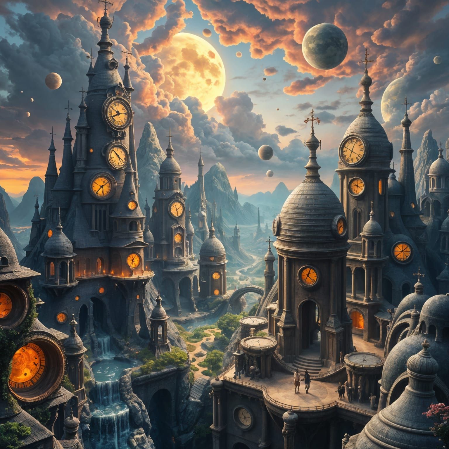 An epic matte painting of dream worlds, the land of clocks and gears at the end of space a...