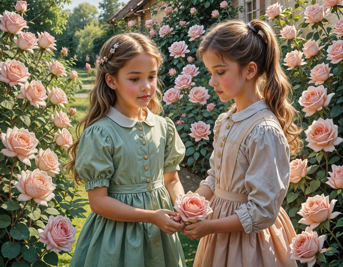 Girls Exploring Roses in a Vibrant Garden