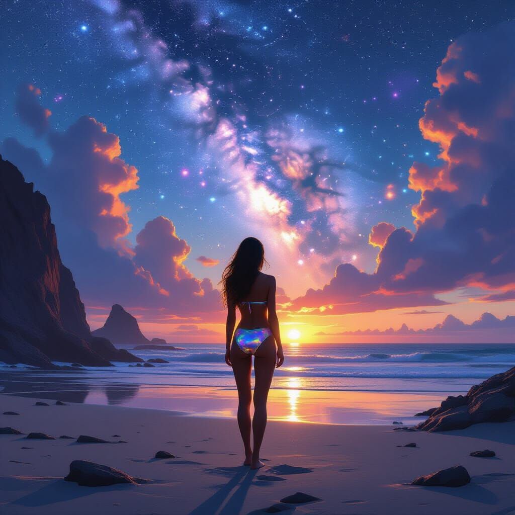 Athletic Woman on Rocky Beach at Cosmic Sunset