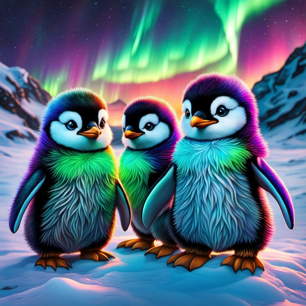 Cute Penguins Under Northern Lights with Steampunk Engine