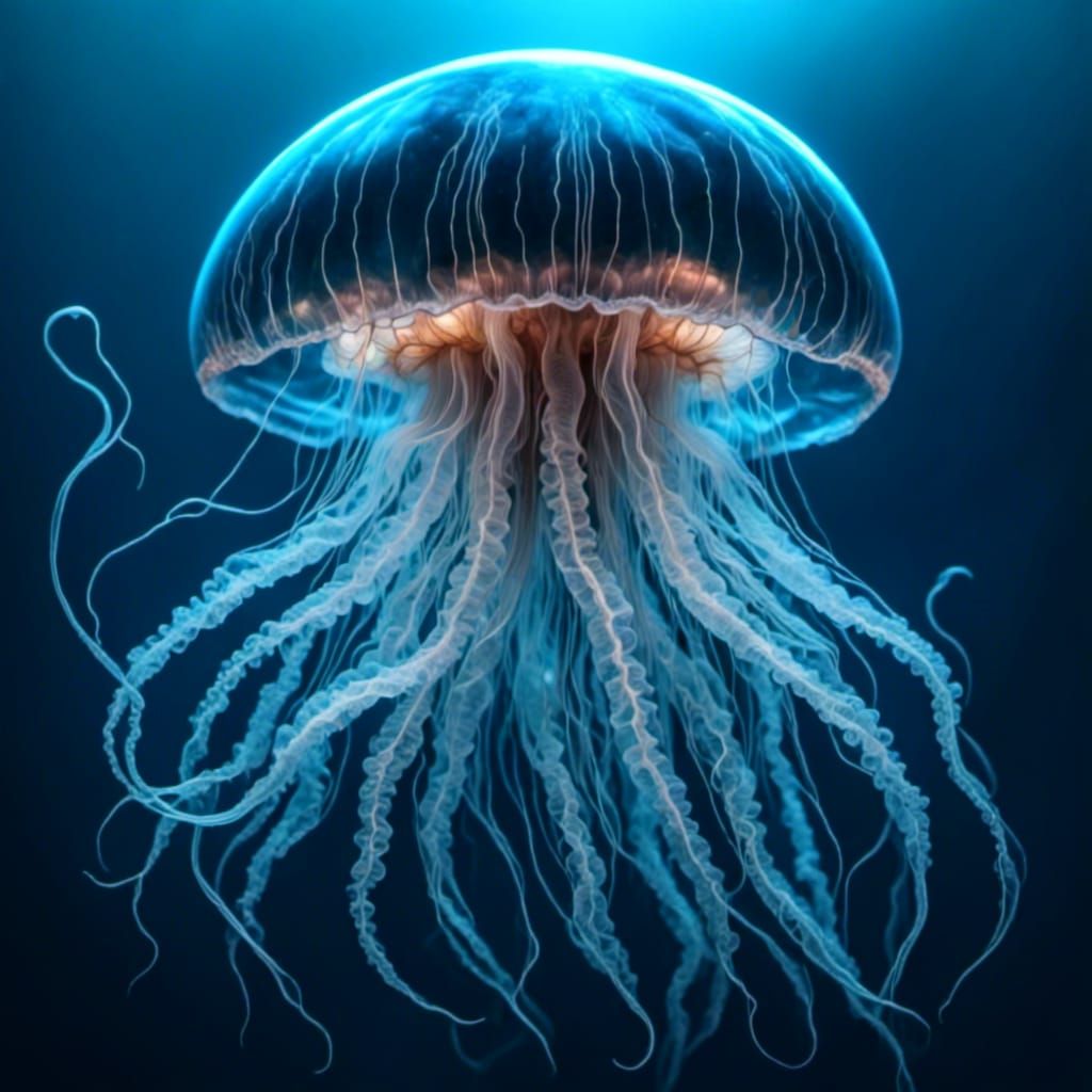 Hyperrealistic Lion-Like Jellyfish in Bioluminescent Alien S...