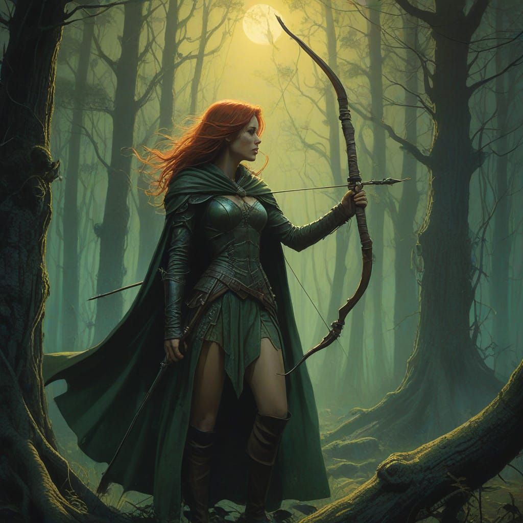 Fiery Huntress Casts Spell Under Moonlit Forest Canopy