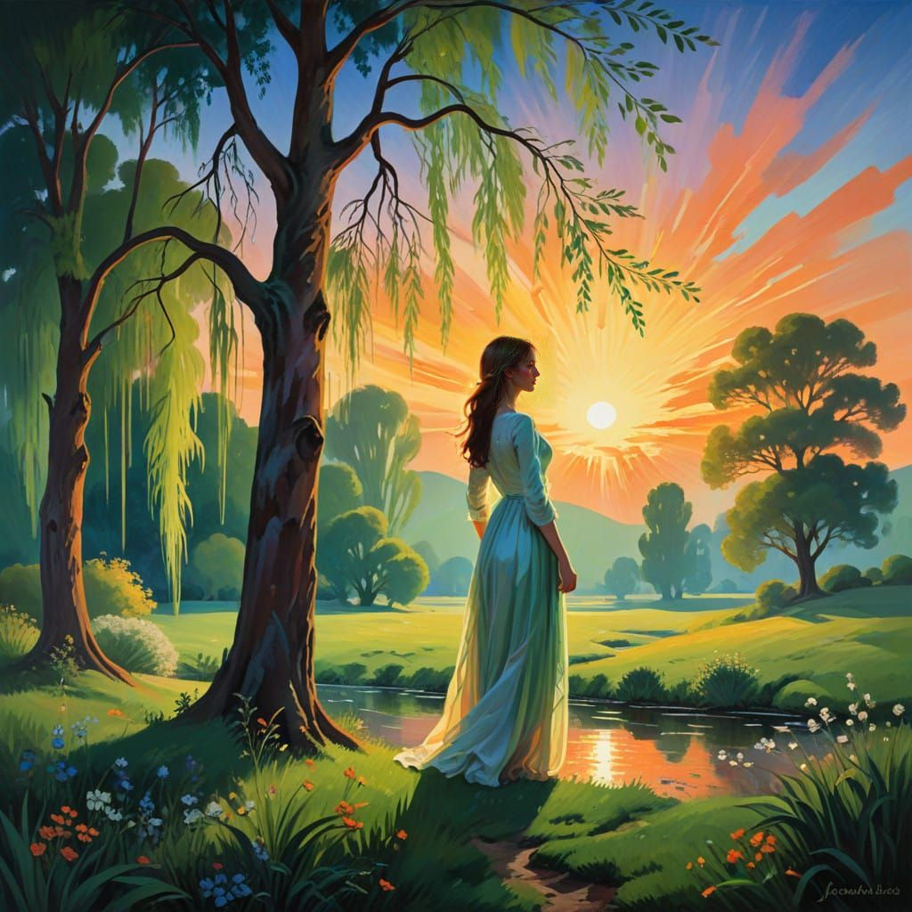 Trees in a Valley in Vibrant Neon Paint Style