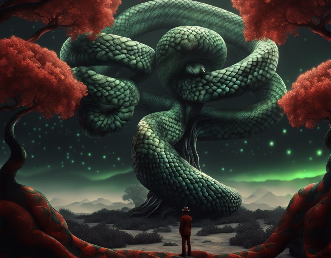Surrealist Paradise with Alien Apple Tree and Serpent
