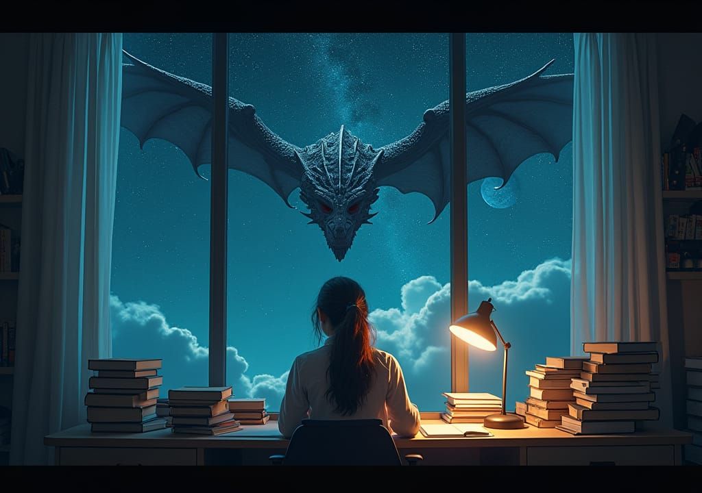 Studious Girl in Starry Room with Flying Dragon