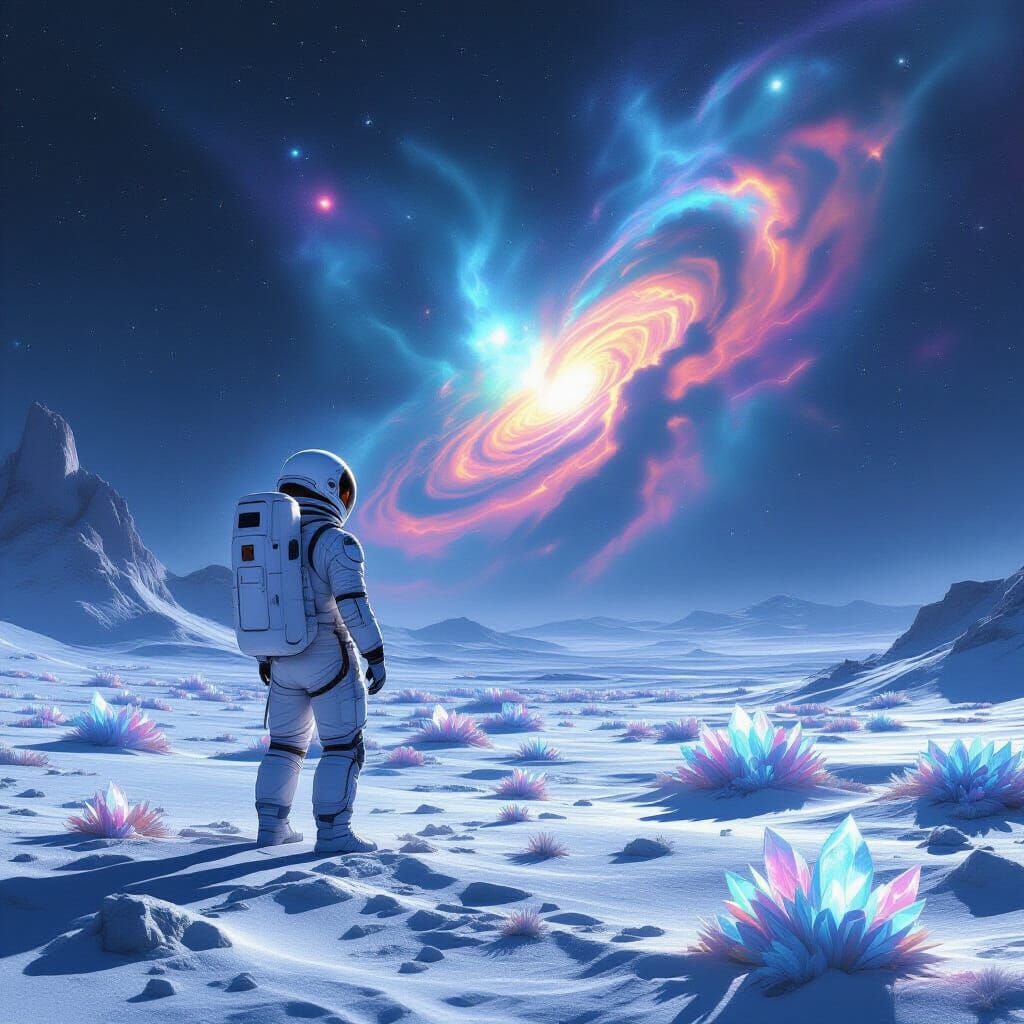 Astronaut Gazes at Ethereal Nebula on Alien Planet
