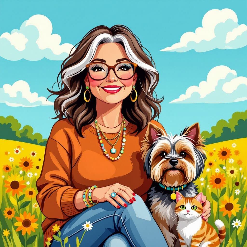 Woman, Dog, Cat in Sunny Meadow, Whimsical Style