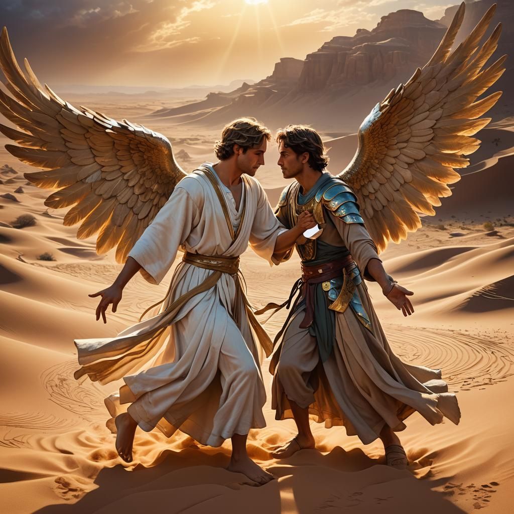 Angel and Jacob Wrestle in Desert Sands