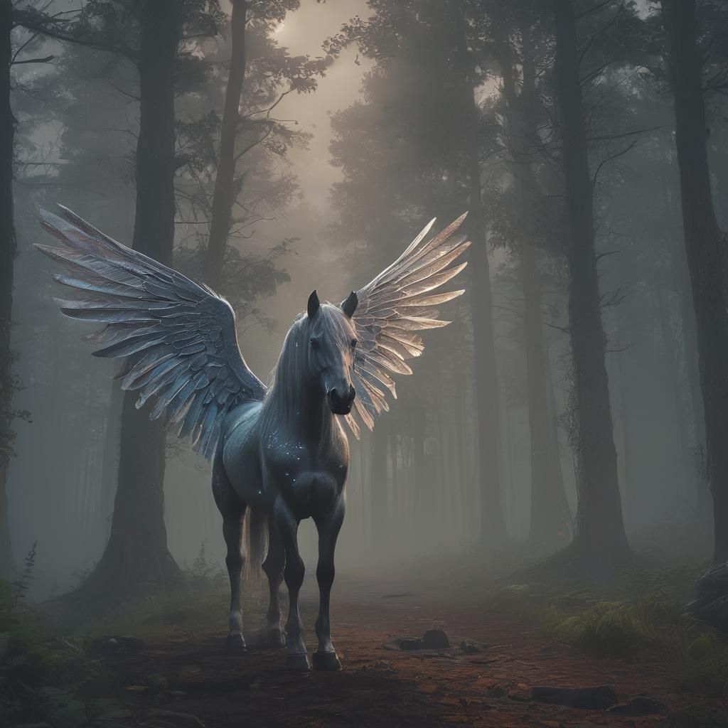 Winged Horse in Misty Forest: Digital Art