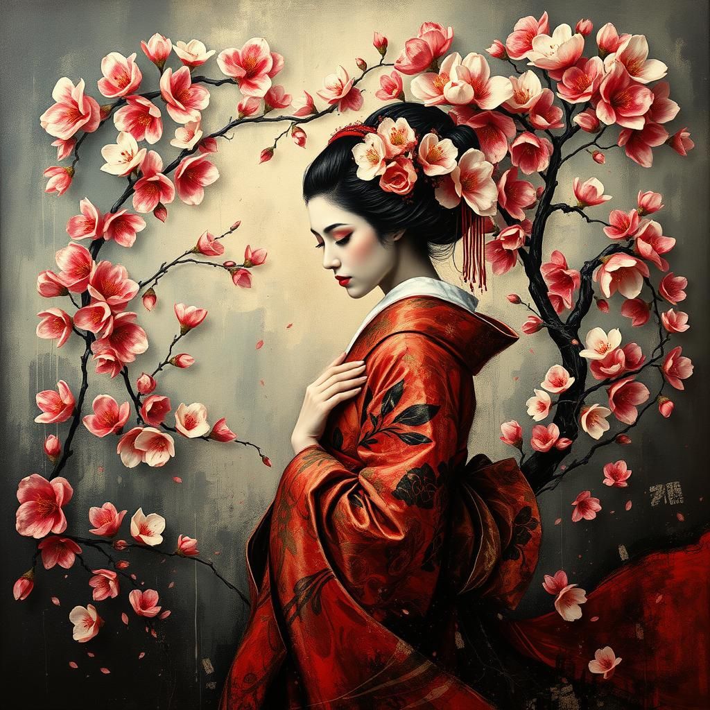 Geisha in Cherry Blossom Storm, Impasto Surrealism