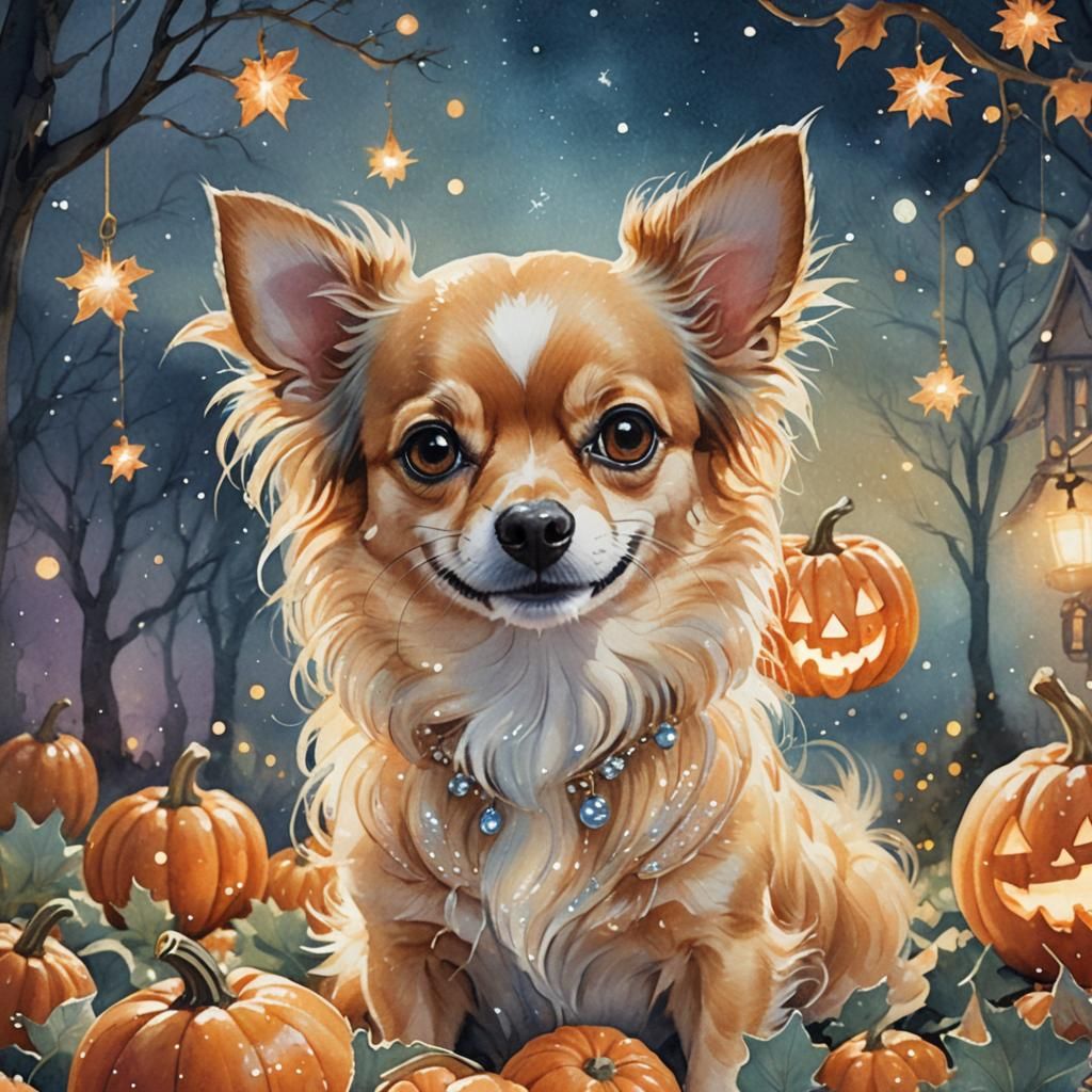 Chihuahua Smiles with Pumpkin in Whimsical Fantasy Art