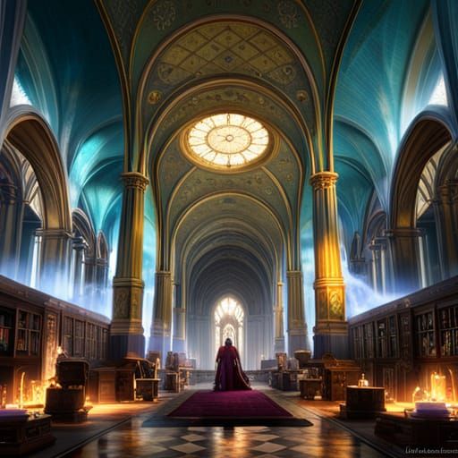 Epic Library of Ancient Gods in Dark Fantasy Style