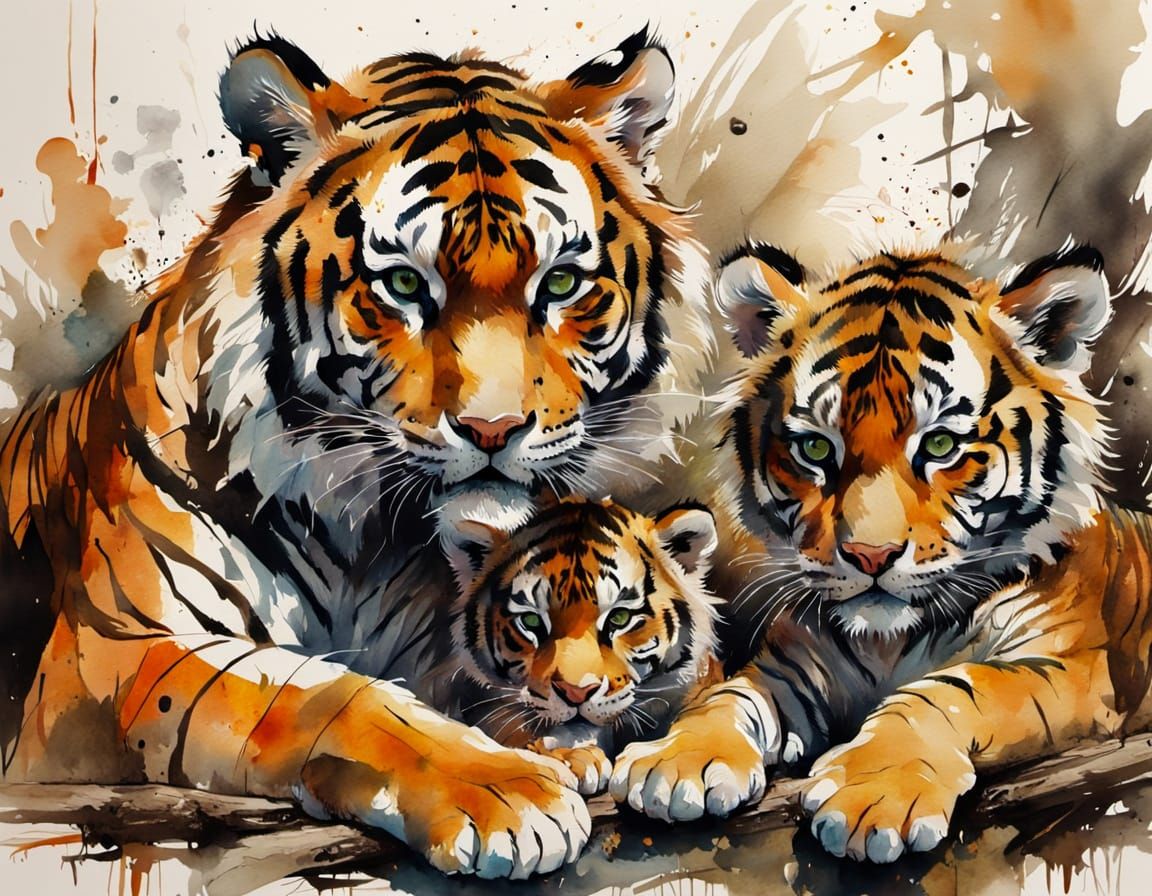 Tiger Mum Protecting Cubs in Expressive Watercolour Style