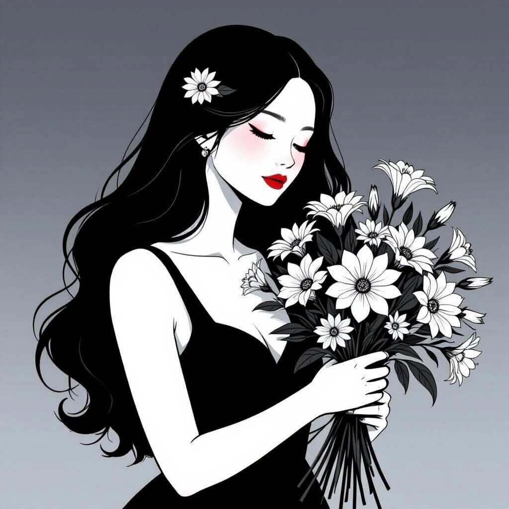 Minimalist Tattoo Design: Woman with Morning Glories