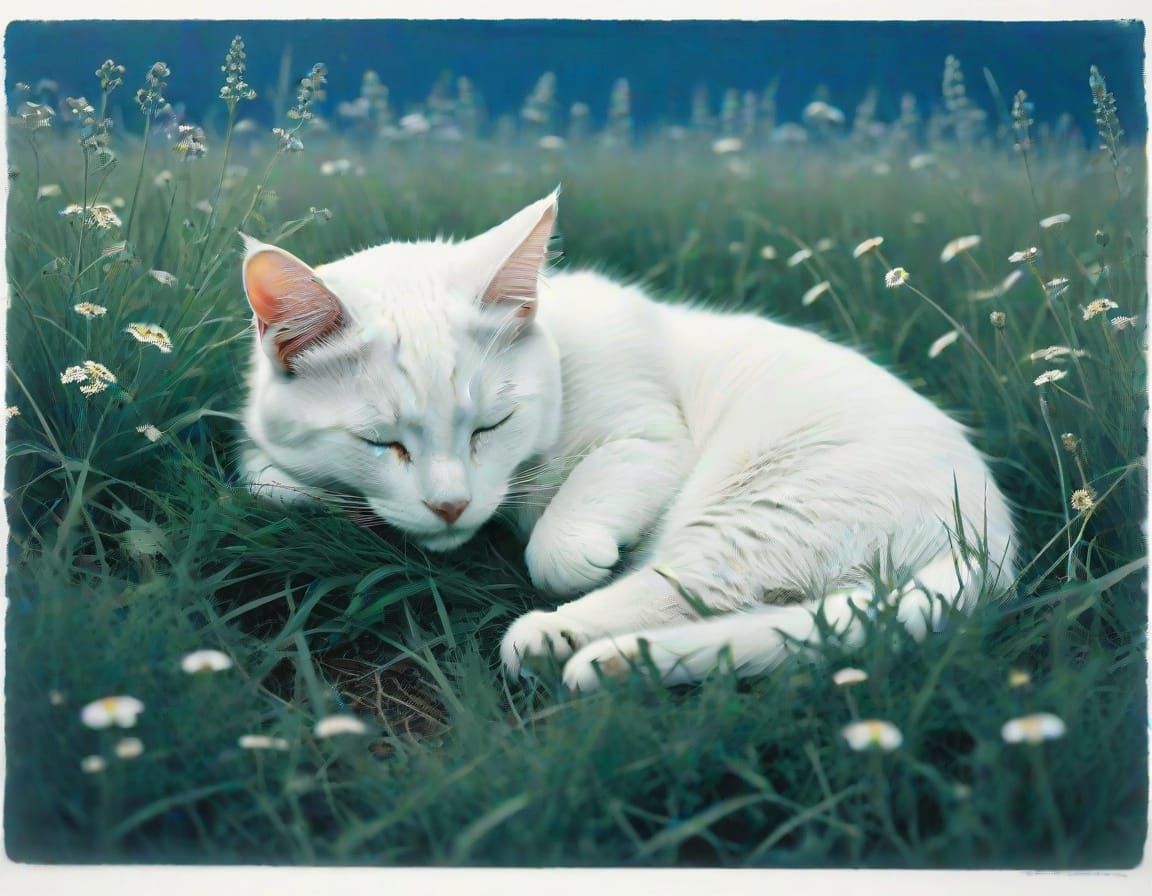Cyanotype Art of a White Cat in a Serene Meadow