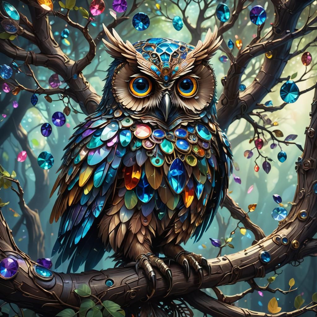 Rainbow Gemstone Mechanical Owl on Ancient Branch