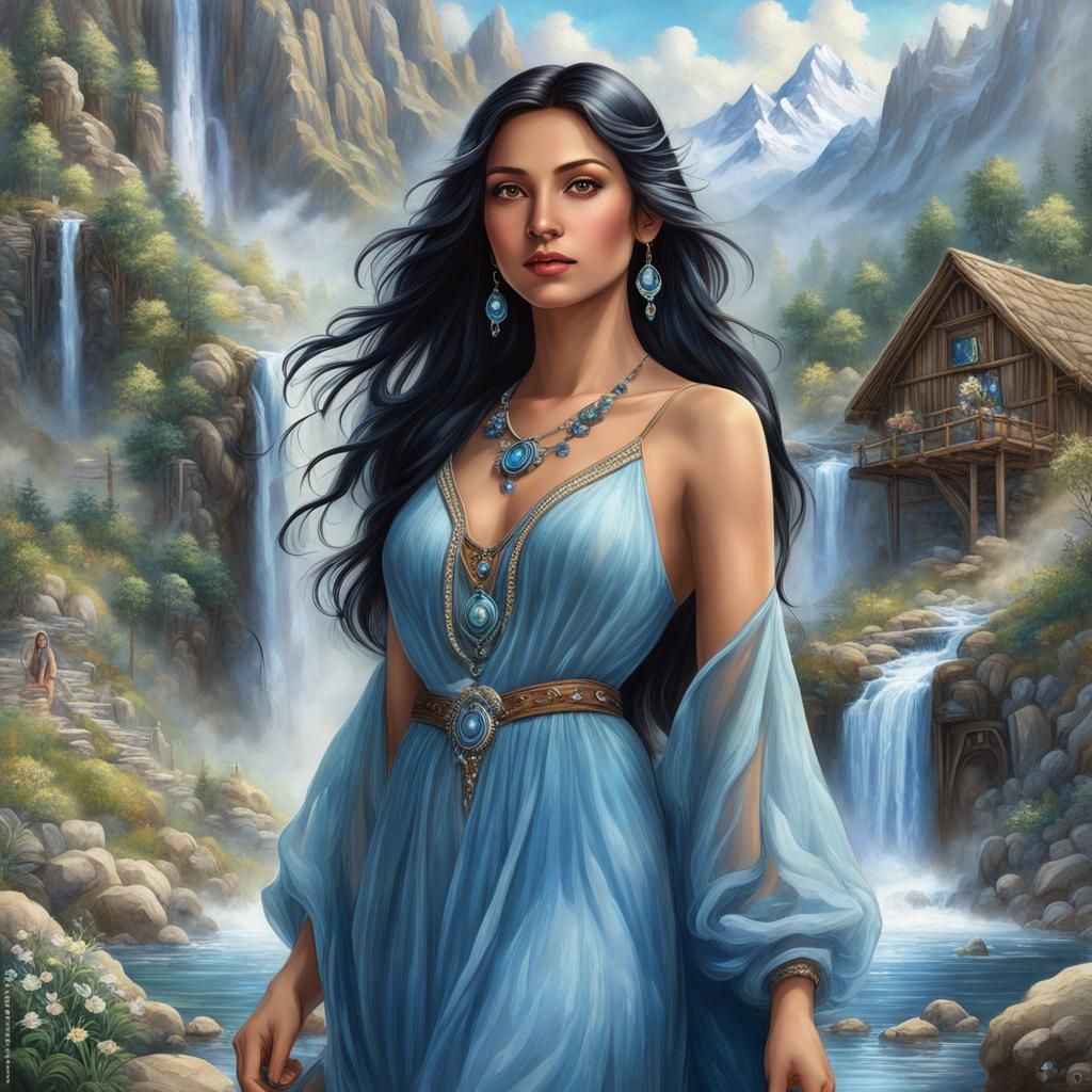 Young Women in the Mountains by a Waterfall