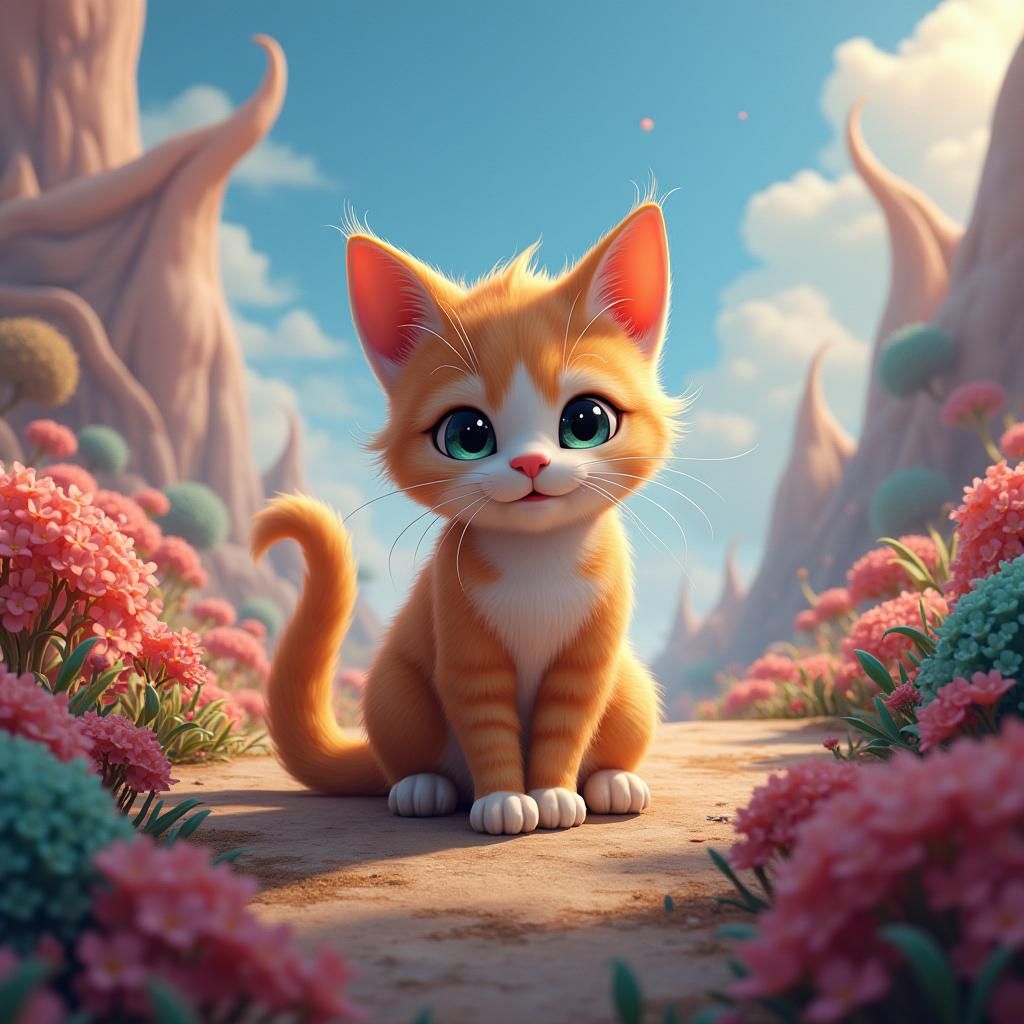 Humorous Cat Smile in Dreamlike Landscape