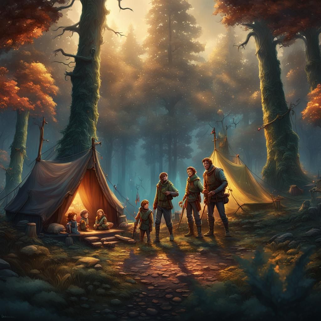 Family Camping in Forest: Detailed Matte Painting