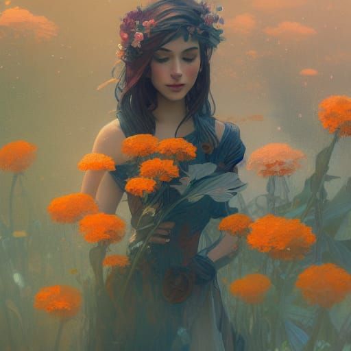 Nostalgic Girl in Flowers: Hyperdetailed Concept Art