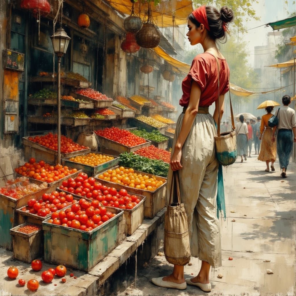 Woman Selecting Tomatoes at Bazaar, Impressionistic Style